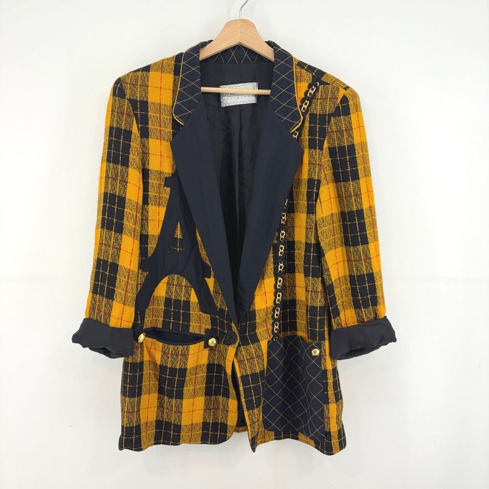 White on White 80s Yellow Plaid Eiffel Tower Graphic Blazer Jacket L Avant Garde
